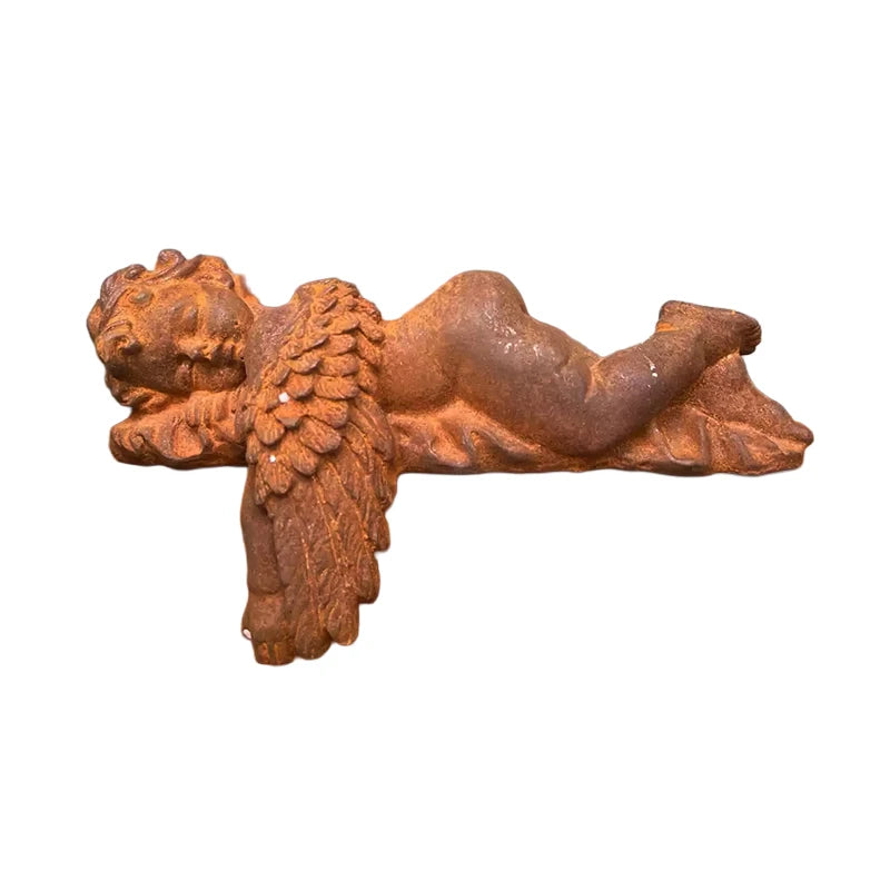 Cast Iron Sleeping Cherub Angel Statue | Rustic Farmhouse Garden Decor | Vintage Sculpture