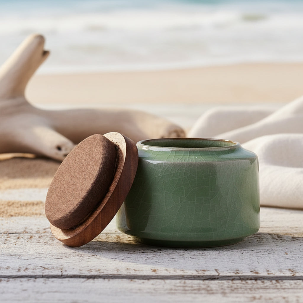 Celadon Ceramic Storage Jar with Wooden Lid — Tea, Jewellery & Trinket Box