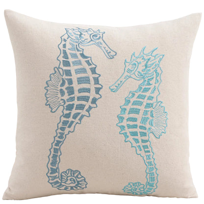 Embroidered Coastal Cushion Cover | Coconut Palm, Seahorse & Ocean Design | 45x45cm
