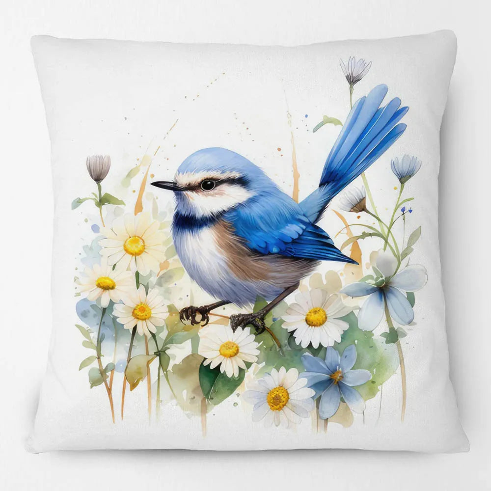 Blue Wren Cushion Cover 45x45cm | Watercolour Bird & Wildflower Pillow Cover | Australian Country Farmhouse Decor