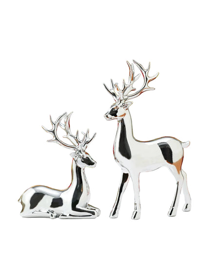 Christmas Reindeer Ornament Set of 2 | Standing & Resting Deer | Resin Table Decor