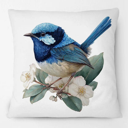 Blue Wren Cushion Cover 45x45cm | Watercolour Bird & Wildflower Pillow Cover | Australian Country Farmhouse Decor