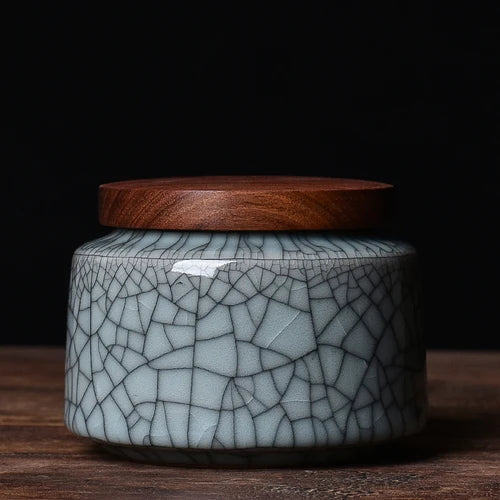 Celadon Ceramic Storage Jar with Wooden Lid — Tea, Jewellery & Trinket Box