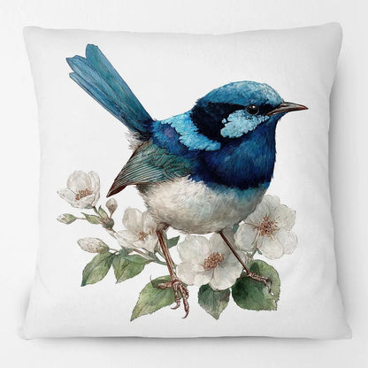 Blue Wren Cushion Cover 45x45cm | Watercolour Bird & Wildflower Pillow Cover | Australian Country Farmhouse Decor