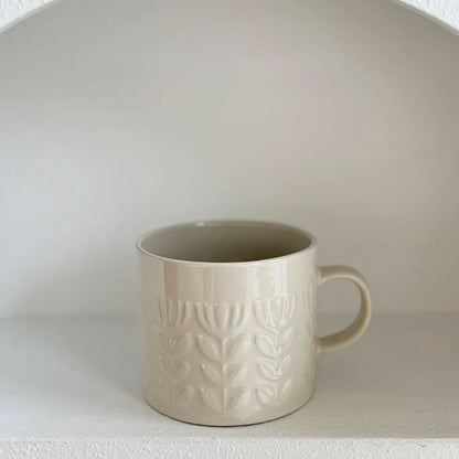 Embossed Floral Ceramic Mug Cup 400ml | Pink Beige or Mustard Yellow Coffee Cup