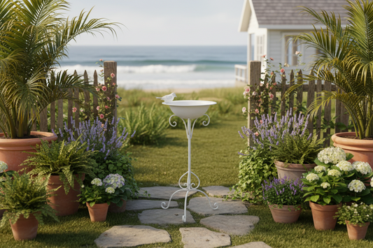 Vintage Metal Bird Feeder Tall 73cm - Rustic White Wash Garden Decor