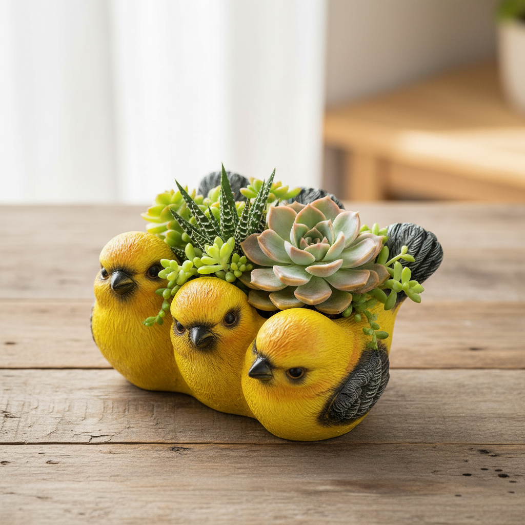 Yellow Bird Friends Resin Planter Pot | Cute Trio Bird Sculpture Succulent Pot | Garden Decor