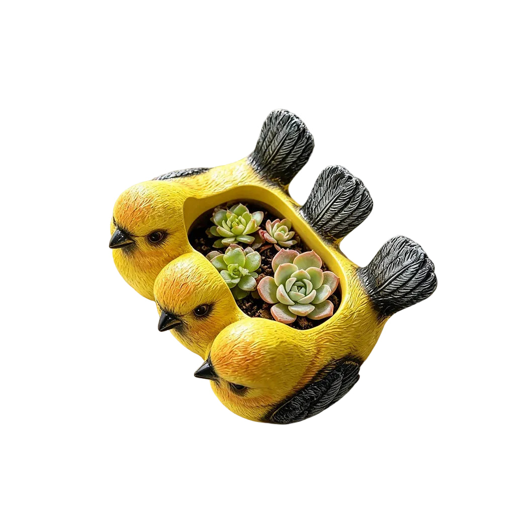Yellow Bird Friends Resin Planter Pot | Cute Trio Bird Sculpture Succulent Pot | Garden Decor