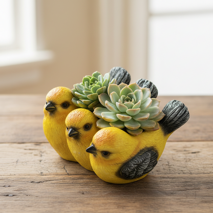 Yellow Bird Friends Resin Planter Pot | Cute Trio Bird Sculpture Succulent Pot | Garden Decor
