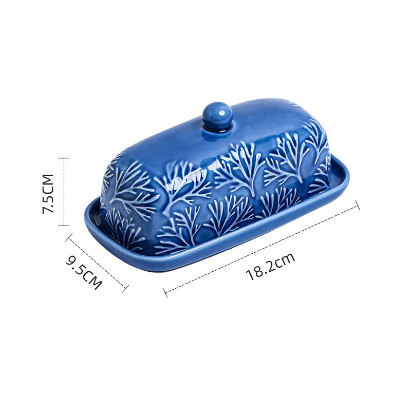 Botanical Ceramic Butter Dish with Lid | Classic White or Blue