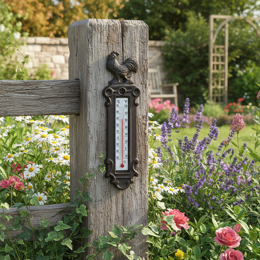 Cast Iron Rooster Thermometer - Vintage Wall Mounted Garden Decor