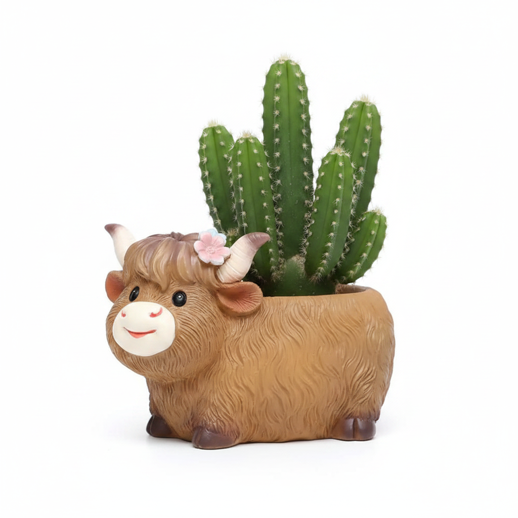 Highland Cow Daisy Resin Planter Pot with Drainage Hole | Cute Indoor Outdoor Succulent Pot
