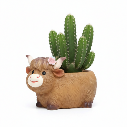 Highland Cow Daisy Resin Planter Pot with Drainage Hole | Cute Indoor Outdoor Succulent Pot