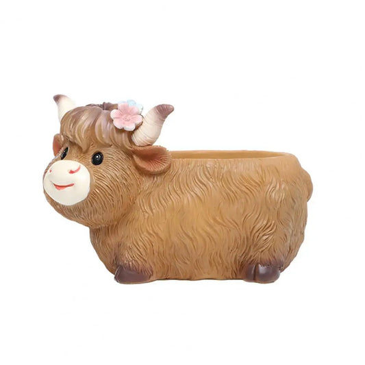 Highland Cow Daisy Resin Planter Pot with Drainage Hole | Cute Indoor Outdoor Succulent Pot