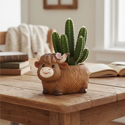 Highland Cow Daisy Resin Planter Pot with Drainage Hole | Cute Indoor Outdoor Succulent Pot