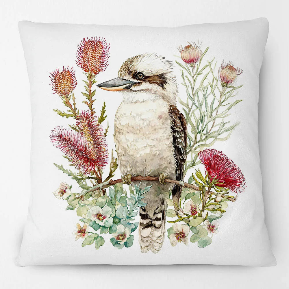 Kookaburra Cushion Cover | Watercolour Native Flowers | 45 x 45cm