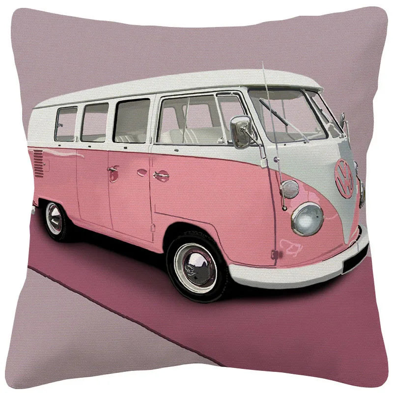 VW Kombi Van Cushion Covers | Retro Vintage Bus Art | Blue Pink Green Yellow Mustard | Sofa Throw Pillow