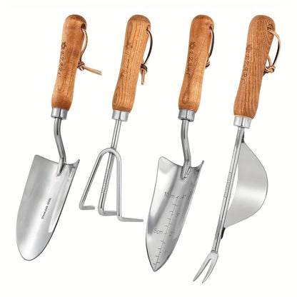 Garden Tool Set | Stainless Steel Wood Handle Trowel Rake Weeder Set of 4