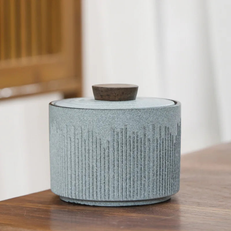 Ceramic Tea Caddy Jar with Walnut Wood Lid | Sealed Storage Jar for Tea, Coffee & Spices | Japandi Kitchen Decor | 3 Colours