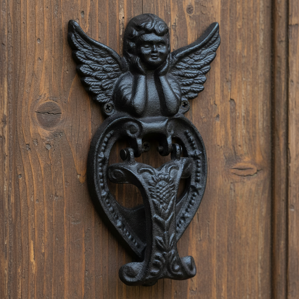 Door Knocker Cast Iron Angel Cherub Vintage - 22.8x13.6cm