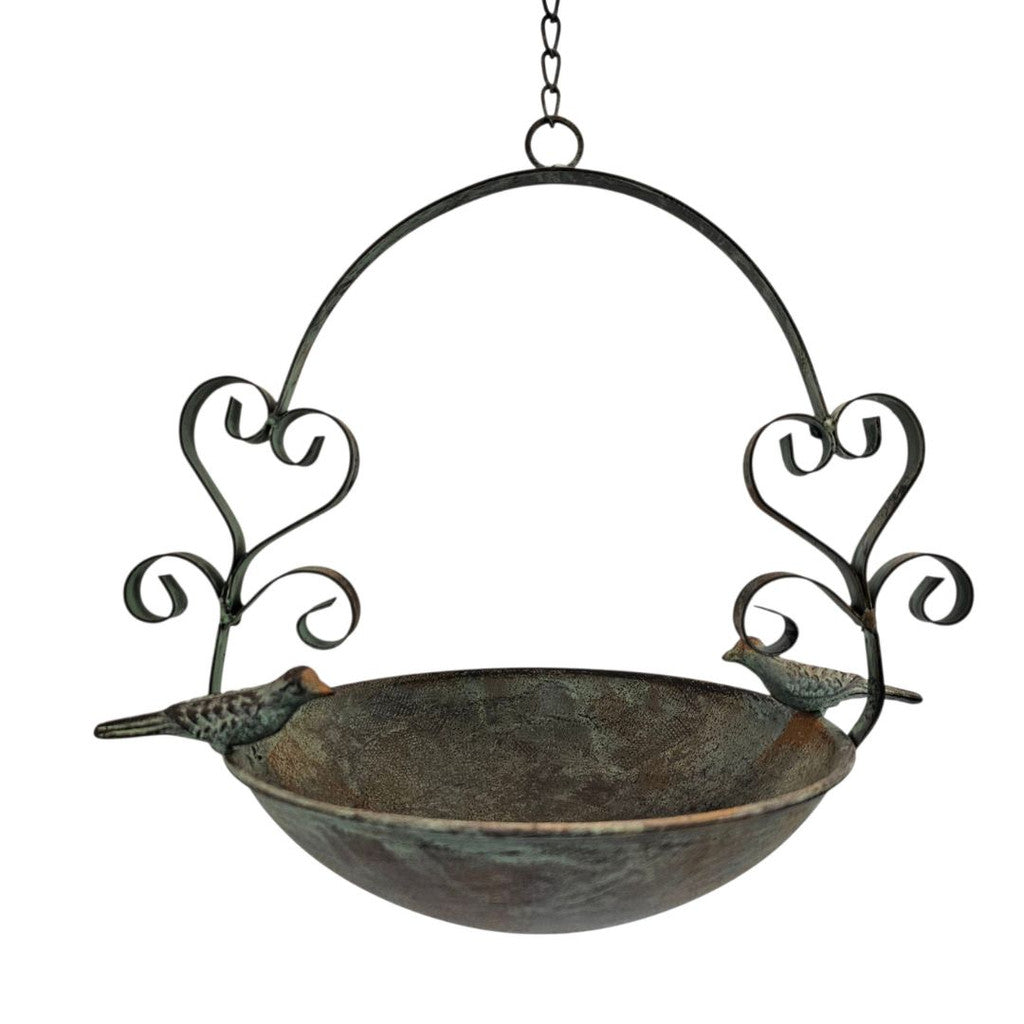 Bird Bath Feeder 2 Hearts Love Hanging 66cm Rustic Cottage Garden