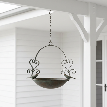 Bird Bath Feeder 2 Hearts Love Hanging 66cm Rustic Cottage Garden