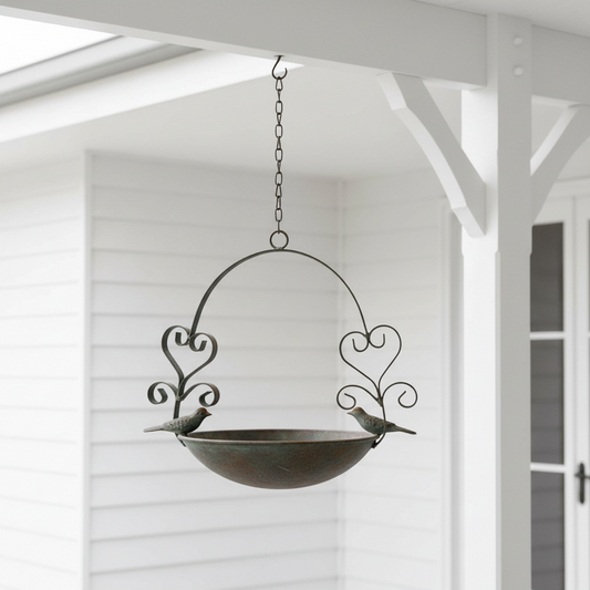 Bird Bath Feeder 2 Hearts Love Hanging 66cm Rustic Cottage Garden