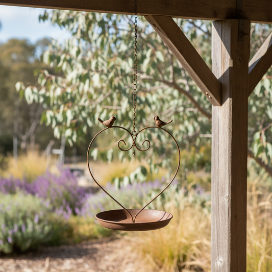 Bird Bath Feeder Heart Hanging 67cm Rustic Cottage Garden