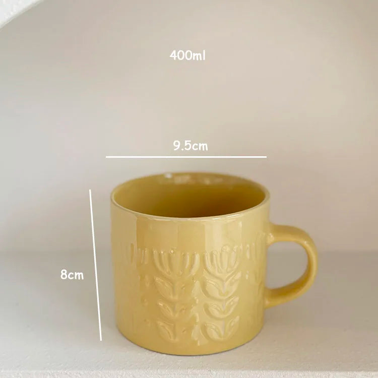 Embossed Floral Ceramic Mug Cup 400ml | Pink Beige or Mustard Yellow Coffee Cup