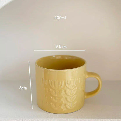 Embossed Floral Ceramic Mug Cup 400ml | Pink Beige or Mustard Yellow Coffee Cup