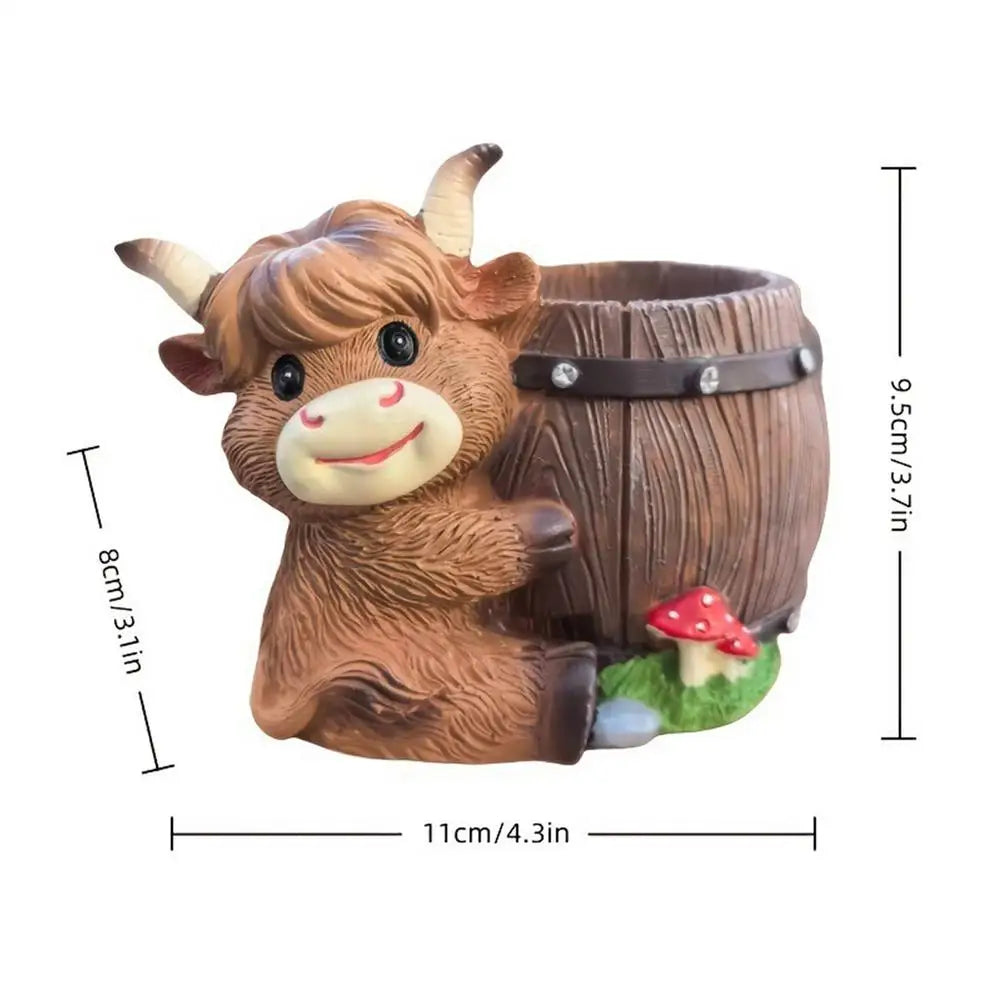 Highland Cow Planter Pot | Cute Mini Resin Flower Pot with Drainage | Farmhouse Garden & Desk Decor