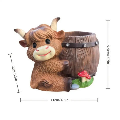 Highland Cow Planter Pot | Cute Mini Resin Flower Pot with Drainage | Farmhouse Garden & Desk Decor
