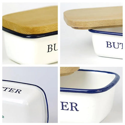 Butter Dish Enamel Wooden Lid Vintage