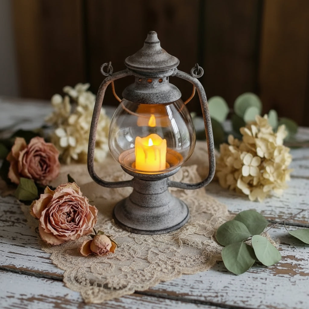 Rustic Iron Hurricane Lantern with Glass Globe | Vintage Whitewashed Candle Holder Lamp | Table & Hanging Home Decor