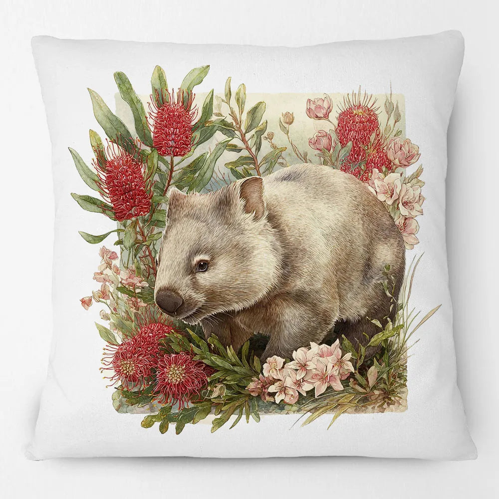 Australian Wombat Cushion Cover | Native Wildflowers Bottlebrush Banksia | 12 Designs | Aussie Gift