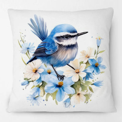 Blue Wren Cushion Cover 45x45cm | Watercolour Bird & Wildflower Pillow Cover | Australian Country Farmhouse Decor