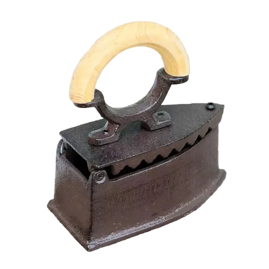 Antique Cast Iron Coal Iron Ornament | Vintage Cloth Press with Wooden Handle | Rustic Decor