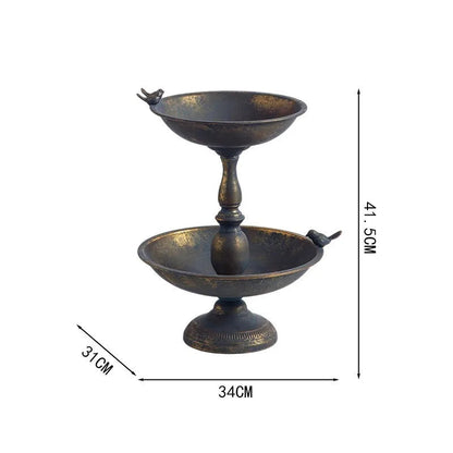 Vintage Double Tier Metal Tray Stand | Rustic Iron Bird Display Riser