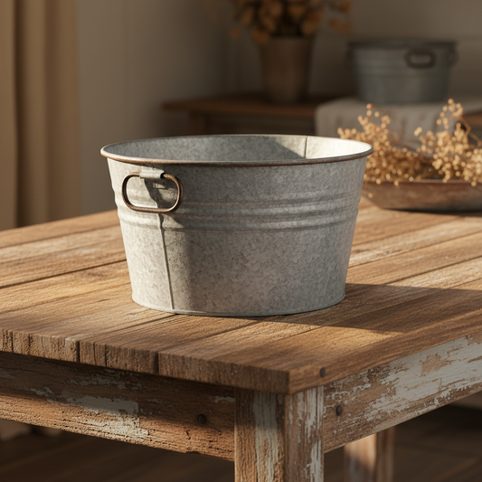 Vintage Round Metal Planter Pot & Storage Tub | Iron Basket with Handles