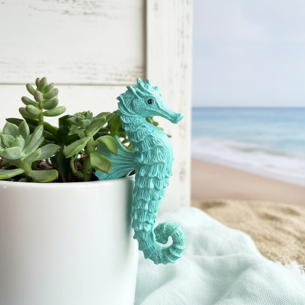 Seahorse Pot Sitter Resin - 10cm Coastal Beach Decor