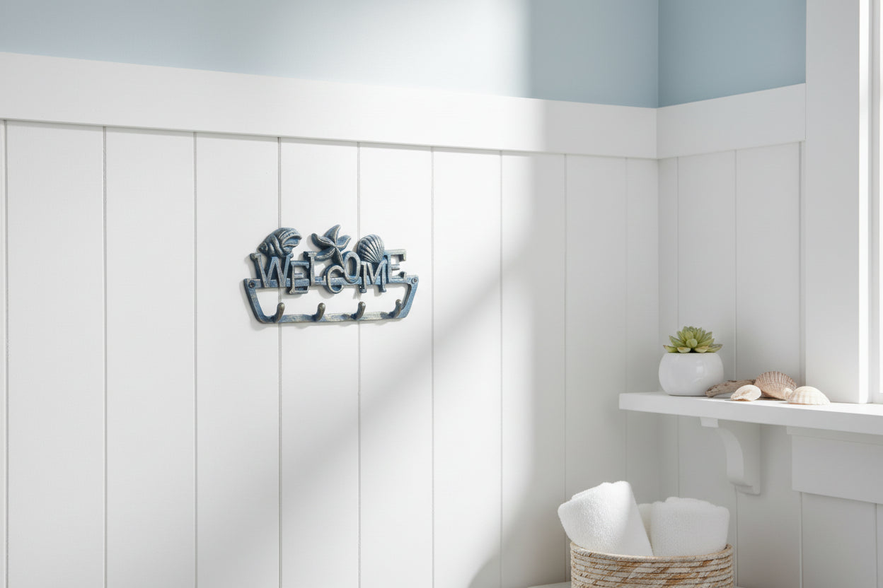 Welcome Coastal Wall Hook - Seashells & Starfish Metal Decorative Hook