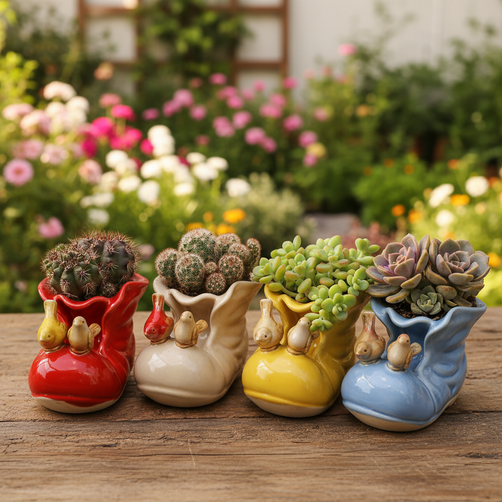 Ceramic Boot Pot Planter with Birds approx 13cm Wide x 9cm Tall