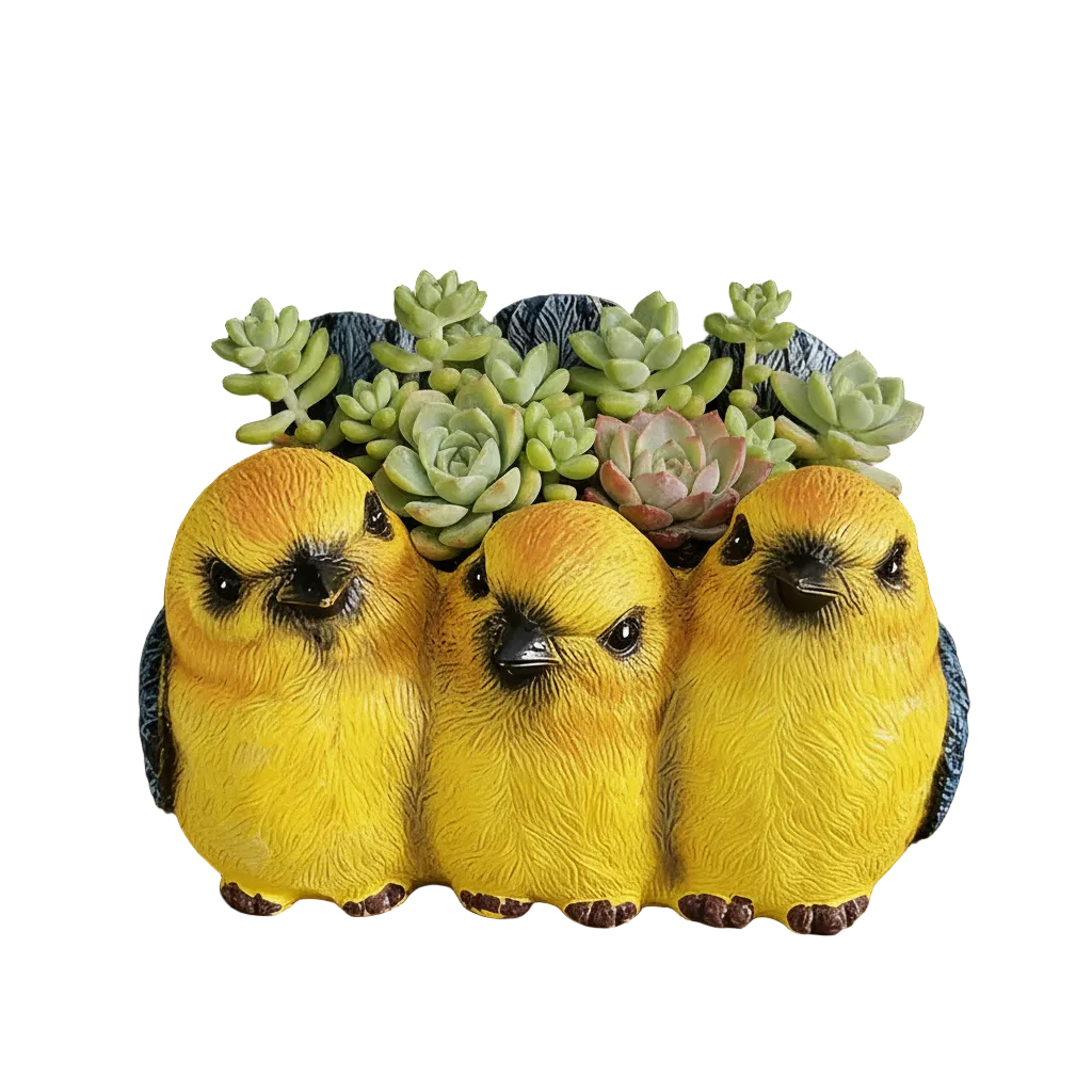 Yellow Bird Friends Resin Planter Pot | Cute Trio Bird Sculpture Succulent Pot | Garden Decor