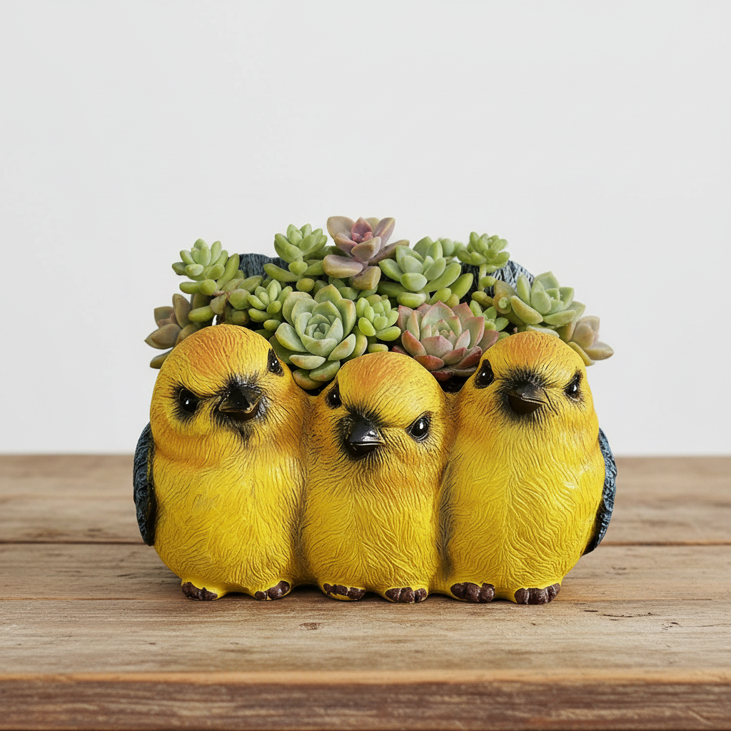 Yellow Bird Friends Resin Planter Pot | Cute Trio Bird Sculpture Succulent Pot | Garden Decor