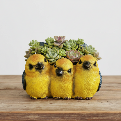 Yellow Bird Friends Resin Planter Pot | Cute Trio Bird Sculpture Succulent Pot | Garden Decor