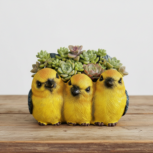 Yellow Bird Friends Resin Planter Pot | Cute Trio Bird Sculpture Succulent Pot | Garden Decor