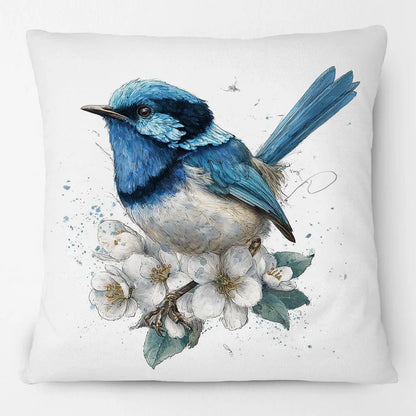 Blue Wren Cushion Cover 45x45cm | Watercolour Bird & Wildflower Pillow Cover | Australian Country Farmhouse Decor
