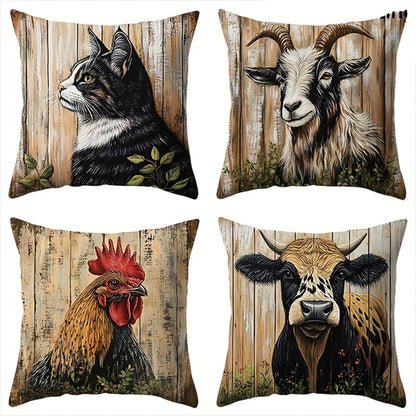Farm Animal Cushion Cover Set of 4 | Goat Cat Rooster Cow | Farmhouse Throw Pillow Covers