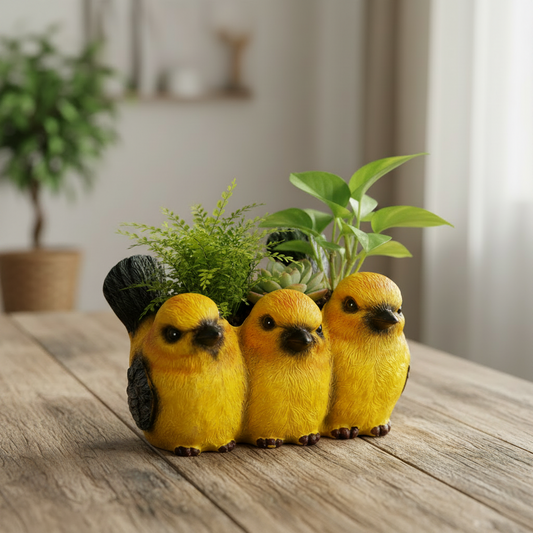 Yellow Bird Friends Resin Planter Pot | Cute Trio Bird Sculpture Succulent Pot | Garden Decor