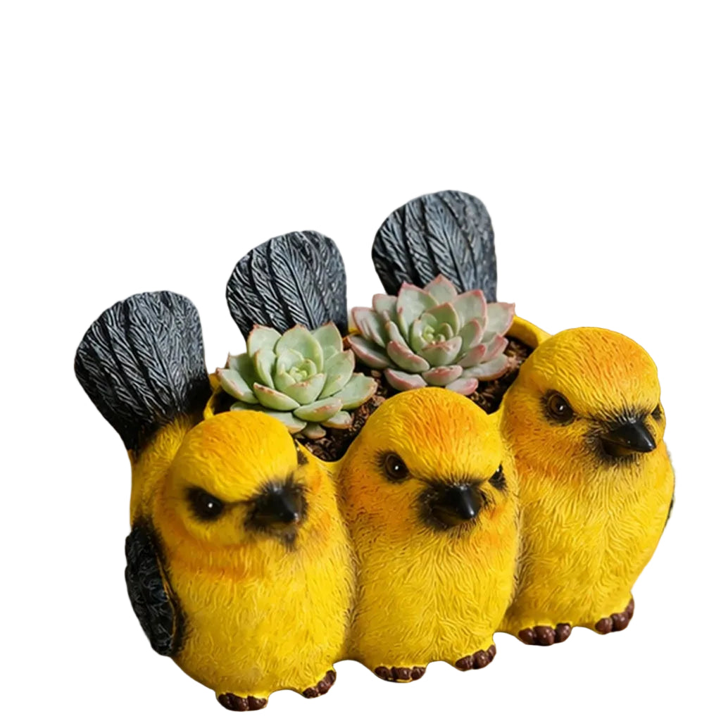 Yellow Bird Friends Resin Planter Pot | Cute Trio Bird Sculpture Succulent Pot | Garden Decor